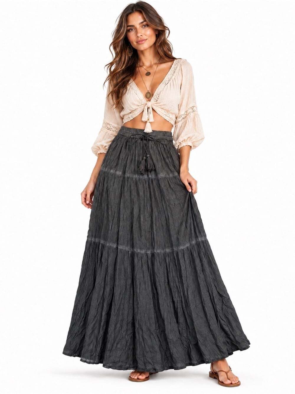 Lucky Brand Charcoal Tiered Maxi Skirt S NWT Cotton Boho Drawstring